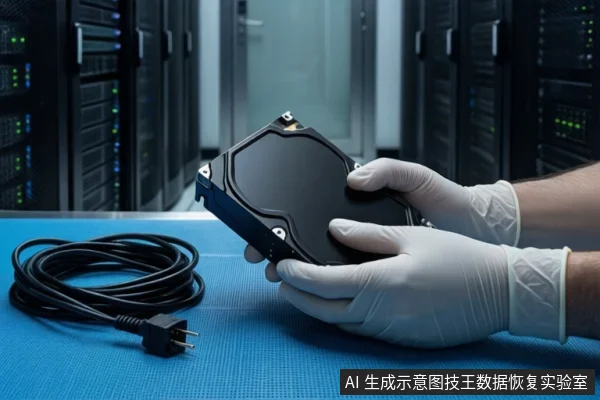 蓝色防静电垫上，一双戴白色手套的手正握持一块黑色机械硬盘，旁边盘绕着一根黑色电源线，背景为模糊的服务器机柜。