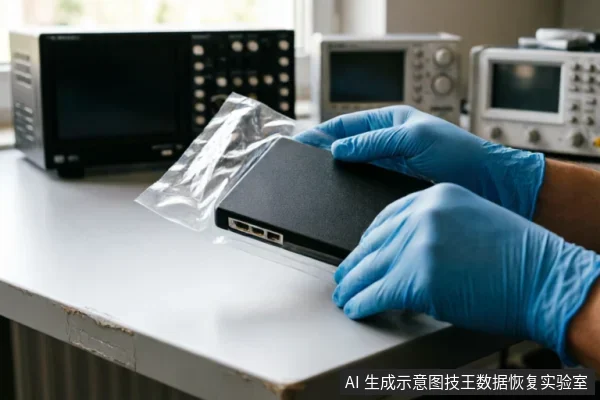 一双戴着蓝色防静电手套的手正拿着一个装在透明密封袋中的黑色硬盘,背景模糊可见示波器、信号发生器等电子测试仪器,展示了数据恢复检测前的设备封装与防护场景。