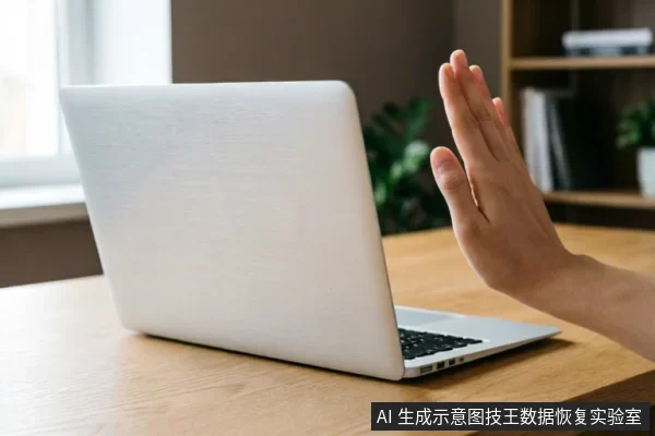 一只手掌在银色笔记本电脑前做出停止或拒绝的手势,设备打开放置在木质桌面上。画面通过肢体语言直观传达“禁止操作”、“暂停”或“切勿写入”的警示含义,契合数据故障时保护现状的主题。