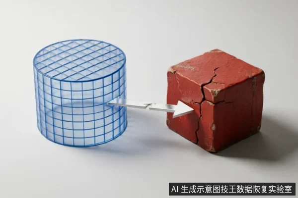 一个蓝色网格圆柱体通过白色箭头指向右侧一个表面布满裂纹的红色立方体，象征数据从逻辑结构向物理损坏介质的转化或风险。