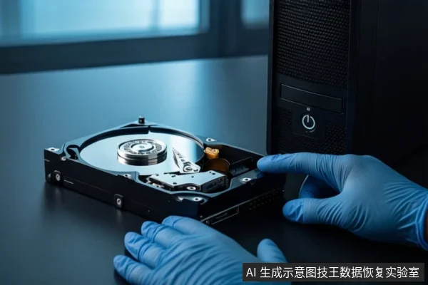 深色桌面上,一双戴蓝色手套的手正扶着一块打开外壳的机械硬盘,右侧放置一台黑色塔式主机,背景为模糊的窗户。