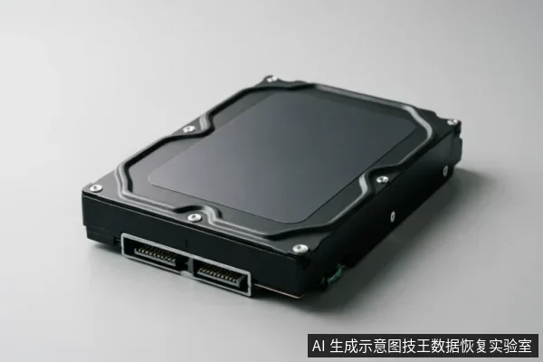 一台黑色的3.5英寸机械硬盘静置于灰白背景上，侧面清晰可见SATA数据接口与电源接口。硬盘外壳完整闭合，无拆解痕迹，展示了硬件故障状态下设备应保持的原始外观。