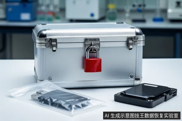 白色桌面上,中间放置一个挂有红色挂锁的银色金属防震箱,前景左侧透明防静电袋中装有一个U盘,右侧平放一个黑色移动硬盘。背景为模糊的实验室环境。