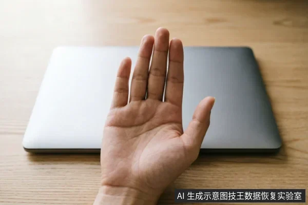 一只手掌在闭合的笔记本电脑前做出停止手势,示意拒绝或中断操作。背景为木质桌面,画面清晰传达了面对设备异常时立即止损、禁止继续通电或使用的核心概念。