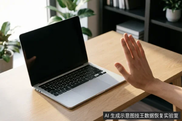 一只手掌在木质桌面上向一台打开的银色笔记本电脑做出停止或拒绝的手势,电脑屏幕处于黑屏状态,背景可见绿植和书架。画面直观传达了紧急停止操作、禁止通电或远离设备的警示含义。