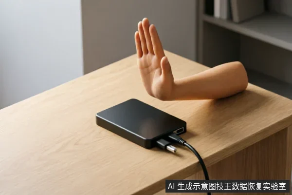 一只断臂模型在木质桌面上做出手掌向前的“停止”手势,挡在一个已连接数据线的黑色移动硬盘前方,形象地表达了立即断电、禁止操作或拒绝继续通电的含义。