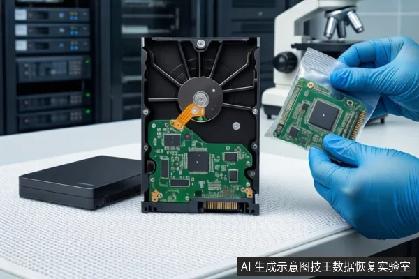 白色防静电工作台上,中间立放一块打开外壳的机械硬盘,可见盘片与磁头臂。右侧一双戴蓝色手套的手持透明防静电袋,袋内装有一块绿色电路板。左侧平放一个黑色外接硬盘盒。背景为模糊的服务器机柜和一台显微镜。