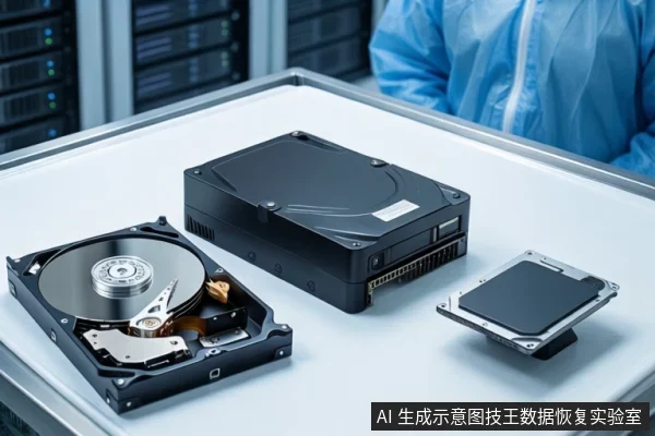 洁净室白色桌面上平放一块打开外壳的机械硬盘、一块闭合的黑色机械硬盘和一块固态硬盘。背景可见服务器机柜和穿蓝色无尘服的技术人员。