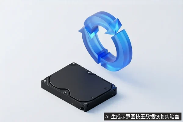 画面中放置一块黑色机械硬盘,上方悬浮蓝色循环箭头图标,背景为浅色。
