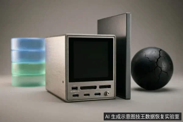 画面中心为一台带有屏幕和多个接口的银色金属主机设备，后方竖立一块硬盘，左侧有蓝绿渐变的圆柱形数据库图标，右侧放置一个表面布满裂纹的黑色球体。