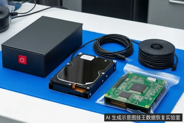 白色台面上铺着蓝色防静电垫,左侧平放一个带红色电源按钮的黑色硬盘盒,中间是一块裸露的机械硬盘,右侧有一卷黑色线缆和一个装在透明袋中的绿色电路板。画面中没有人员操作。