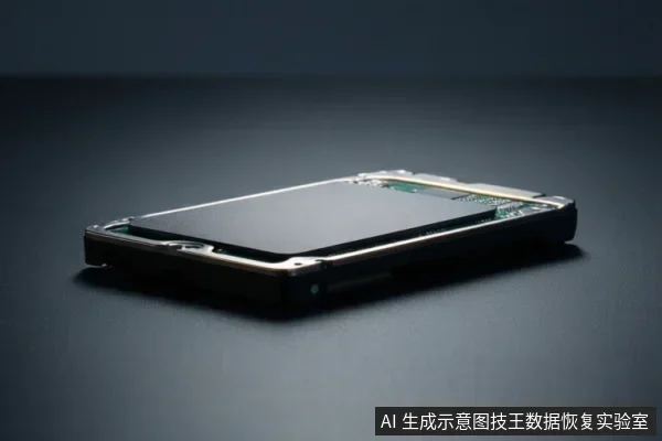 深色背景上放置一块裸露的固态硬盘，可见金属外壳、边缘接口和局部电路板，无操作动作。