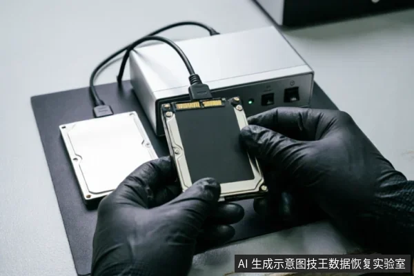 戴着黑色防静电手套的双手正持握一块裸露的机械硬盘,准备将其连接至银色数据恢复专用检测仪器。旁边放置着另一块硬盘,背景为专业操作台,展示了硬件诊断与检测场景。