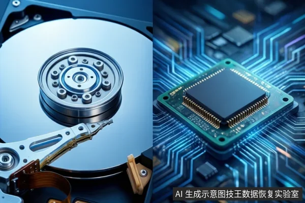 画面左侧为打开外壳的机械硬盘,可见盘片与磁头组件;右侧为电路板上的芯片,背景有蓝色光效。右下角有固定标识。