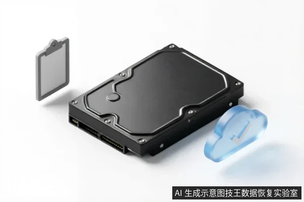 画面中央放置一块黑色机械硬盘,左侧悬浮一个灰色剪贴板图标象征记录信息,右侧有一个半透明蓝色云状图标代表云端备份。整体构图直观展示了数据恢复前核对设备状态、检查备份及记录操作历史的关键步骤。