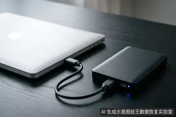 一台银色笔记本电脑通过数据线连接着一个黑色移动硬盘，硬盘侧面的蓝色指示灯亮起，显示设备处于通电工作状态。