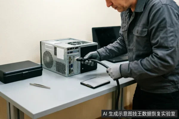 一名身穿灰色工装并佩戴防静电手套的技术人员,正使用黑色吹尘枪清理放置在桌面上的台式电脑主机背部接口区域。桌面上还摆放着一块2.5英寸机械硬盘、镊子及黑色工具盒,展示了数据恢复前的硬件物理清洁与检查场景。