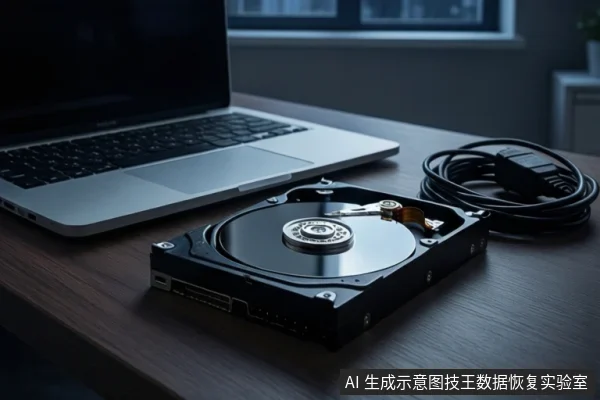 深色木桌上左侧有一台打开的银色笔记本电脑，中间平放一块打开外壳的机械硬盘，右侧盘绕一根黑色USB线缆，背景是夜晚的窗户。