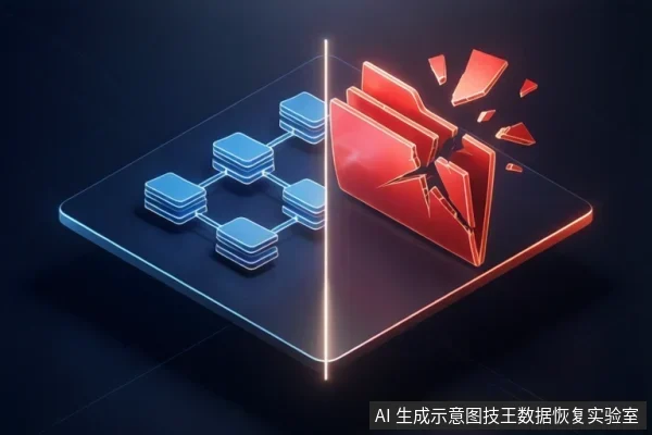 画面被垂直光线分为左右两部分:左侧为蓝色芯片节点组成的网络结构,右侧为红色碎裂的存储介质图标,整体呈抽象示意图。