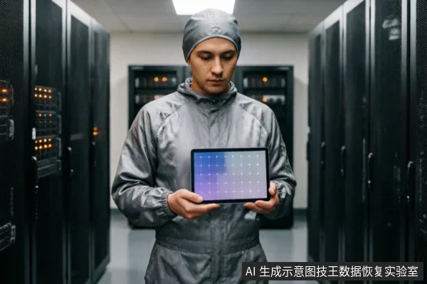 一名身穿灰色防静电洁净服的技术人员站在服务器机房通道内，双手持握一台平板电脑。平板屏幕显示蓝紫色网格状数据界面，背景为排列整齐的黑色服务器机柜，体现专业数据评估环境。