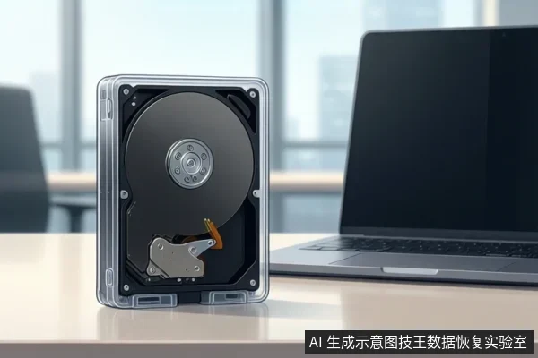 办公桌面前景中，一块3.5英寸机械硬盘被透明保护盒罩住，可见盘片、主轴和磁头组件；右侧背景有一台打开的笔记本电脑。