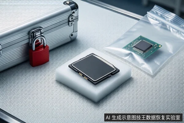 白色防静电工作台上，左侧放置一个挂有红色挂锁的银色金属防震箱，中间白色泡沫垫上平放一块黑色存储卡，右侧透明防静电袋中装有一块绿色芯片电路板。