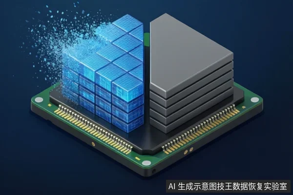 画面展示一块安装在绿色基板上的芯片,左侧为蓝色立方体堆叠结构,右侧为灰色层叠结构,左侧有蓝色粒子飞溅效果,背景为深蓝色。