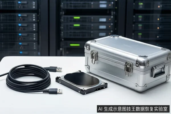 白色桌面上,左侧盘绕一根黑色USB数据线,中间平放一块打开外壳的机械硬盘,右侧为一个闭合的银色金属防震箱。背景为模糊的服务器机柜。
