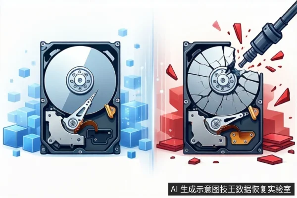 白色背景上左右并列两块打开外壳的机械硬盘。左侧硬盘周围有蓝色立方体，右侧硬盘盘片开裂并有红色碎片，上方有黑色工具状物体指向盘片。