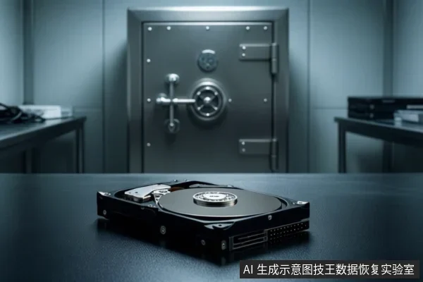 画面前景桌面上放置一块打开外壳的机械硬盘,可见盘片与磁头组件;背景为虚化的金属保险柜门和两侧工作台。