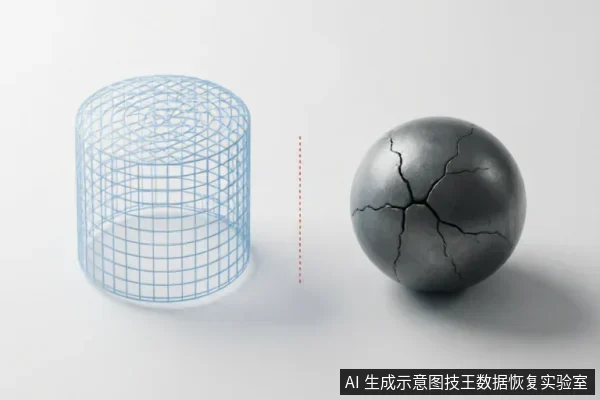 画面左侧为一个浅蓝色线框圆柱体,象征结构完整但仅具逻辑框架的存储介质;右侧为一个表面布满裂纹的深灰色球体,象征遭受物理损坏或数据崩溃的硬盘。两者中间由红色虚线分隔,直观展示了从逻辑故障到物理损毁的对比状态。