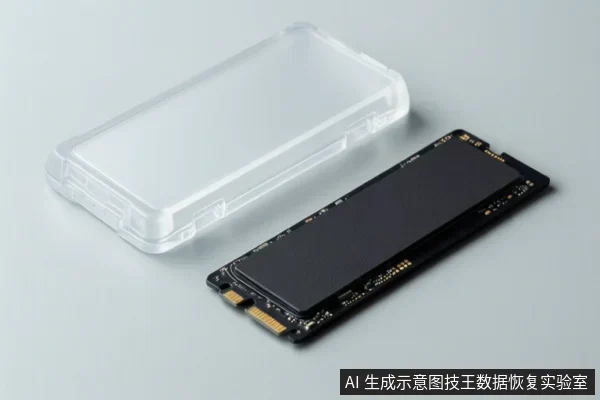 浅灰背景上放置一枚M.2固态硬盘和一个透明塑料保护盒，硬盘金手指与黑色闪存区域可见，无操作动作。