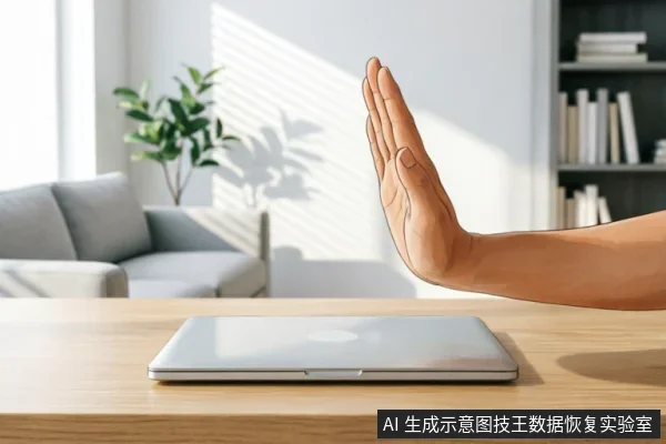 一只卡通风格的手在闭合的笔记本电脑前做出明显的“停止”手势，示意禁止操作。背景为明亮的居家办公环境，包含沙发、绿植和书架。画面直观传达了在硬盘故障时立即停止通电与写入的核心止损原则。