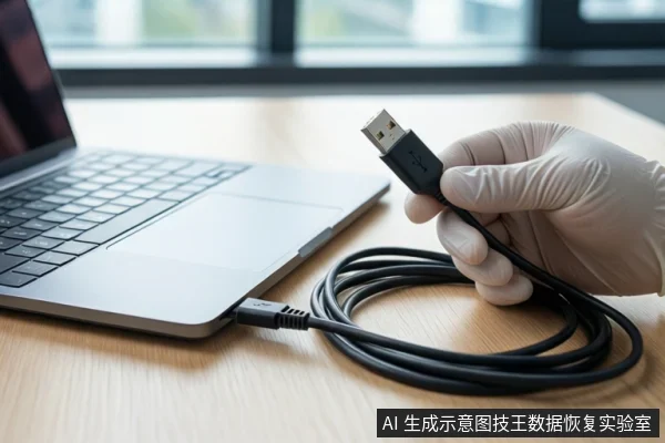 木质桌面上放置一台银色笔记本电脑,左侧连接着一根黑色USB线缆。右侧一只戴白色手套的手正握持该线缆的USB-A插头,线缆在桌面上盘绕。背景为模糊的窗户。