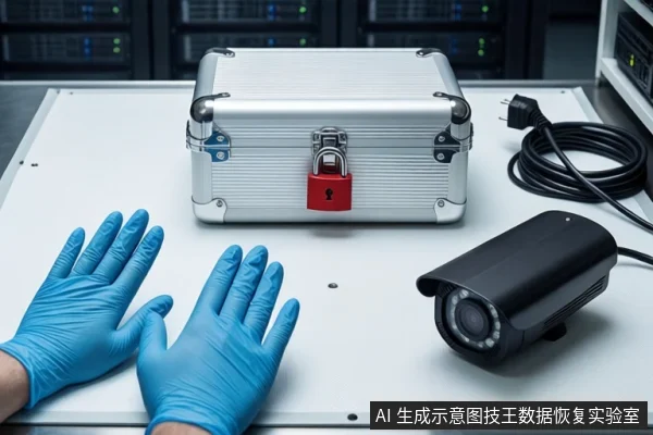 白色防静电工作台上，中间为闭合的银色金属防震箱，箱前挂有红色挂锁。左侧一双戴蓝色手套的手平放在桌面上，右侧平放一个黑色监控摄像头，旁边盘绕着一根黑色电源线，背景可见服务器机柜。