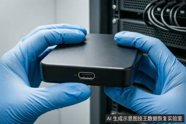 一双戴着蓝色防静电手套的手正托举着一台黑色移动硬盘，背景为模糊的服务器机柜。画面展示了专业人员在数据恢复实验室环境中对故障存储介质进行物理评估与检查的场景。