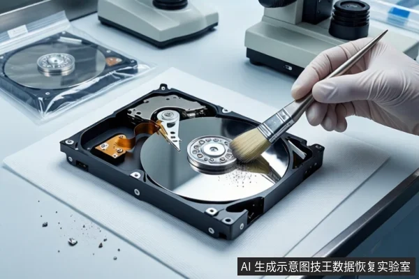 白色实验台上,前景一只戴白手套的手持软毛刷正在清理一块打开外壳的机械硬盘盘片,背景可见显微镜及防静电袋。