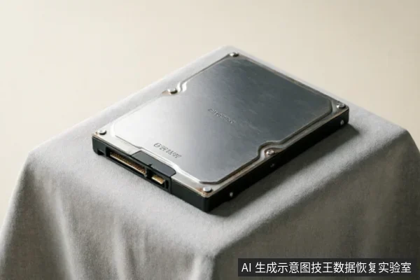 一块银色金属背板的机械硬盘静置于灰色布面上,侧面可见SATA数据与电源接口。画面无操作动作,仅展示存储介质主体,用于配合数据恢复教程中关于原始介质保护与硬件故障排查的说明。