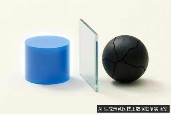 画面展示了三个几何物体:左侧是一个发光的蓝色圆柱体,中间竖立着一块透明玻璃板,右侧是一个表面布满裂纹的黑色球体。玻璃板将发光的圆柱与破损的球体隔开,形成对比。
