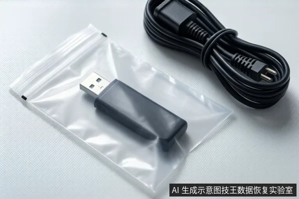 白色桌面上,左侧透明防静电袋内装有一个黑色U盘,右侧盘绕着一根黑色USB线缆,两端接头清晰可见。