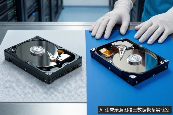 白色桌面上，左侧灰色防静电垫上平放一块打开外壳的机械硬盘，右侧蓝色垫上平放另一块打开的机械硬盘。前景一双戴白手套的手平放在桌边，背景为模糊的服务器机柜。