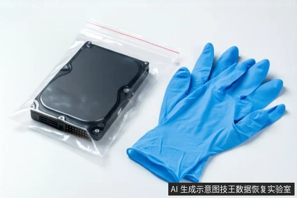 白色背景上，左侧透明自封袋内平放一块黑色机械硬盘，右侧平放一只蓝色丁腈手套，右下角有固定标识。