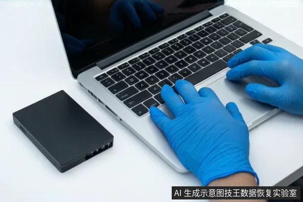 白色桌面上,左侧平放一个黑色移动硬盘,右侧是一台银色笔记本电脑。前景一双戴蓝色手套的手正放在笔记本键盘上,右下角有固定标识。