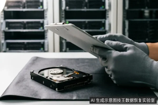 画面展示了一台拆开上盖的机械硬盘放置在黑色防静电垫上，背景为模糊的服务器机柜。一名戴着灰色防静电手套的技术人员手持平板电脑，正在对硬盘进行专业检测或数据评估，体现了严谨的数据恢复工作环境。