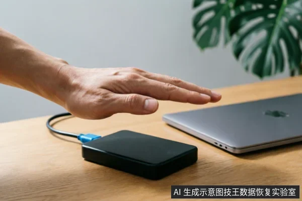 一只悬停在连接着笔记本电脑的黑色移动硬盘上方的手，示意停止操作或保持距离。桌面环境整洁，背景有绿植，强调在数据故障时避免误触或继续写入的紧急止损状态。