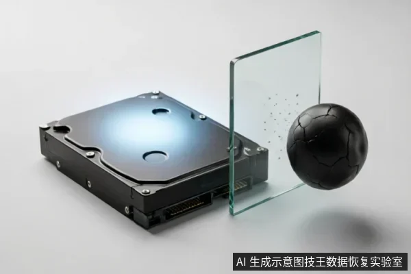 画面展示一个黑色机械硬盘旁竖立着一块透明玻璃板,一颗表面布满裂纹的黑色球体正撞击玻璃并产生碎屑飞溅。该图像通过具象化的物理冲击与异物侵入场景,隐喻对精密存储设备的暴力操作及灰尘污染风险。