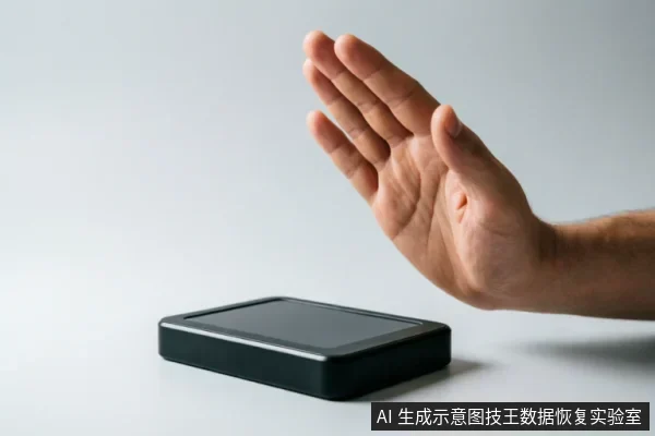一只手掌掌心向前,做出明确的停止或拒绝手势,挡在一个平放在白色桌面上的黑色移动硬盘上方。画面无其他背景元素,直观传达“立即停止操作”的警示含义。