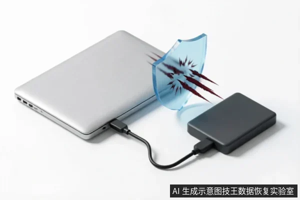 银色笔记本电脑通过USB线连接黑色移动硬盘，传输路径上悬浮着一面蓝色透明盾牌，正抵挡住深红色尖锐刺状物的攻击，象征数据安全防护。