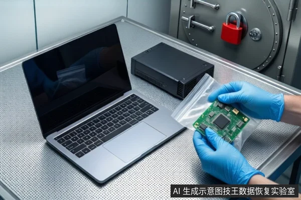金属工作台上,左侧是一台屏幕关闭的银色笔记本电脑,中间平放一个黑色外接硬盘盒。右侧一双戴蓝色手套的手持握一个装有绿色电路板的透明防静电袋。背景是一个挂有红色挂锁的银色金属防震箱。