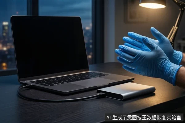 深色桌面上，左侧有一台打开的笔记本电脑，中间平放一块黑色移动硬盘，右侧一双戴蓝色手套的手悬停在硬盘上方，背景为模糊的城市夜景和一盏台灯。